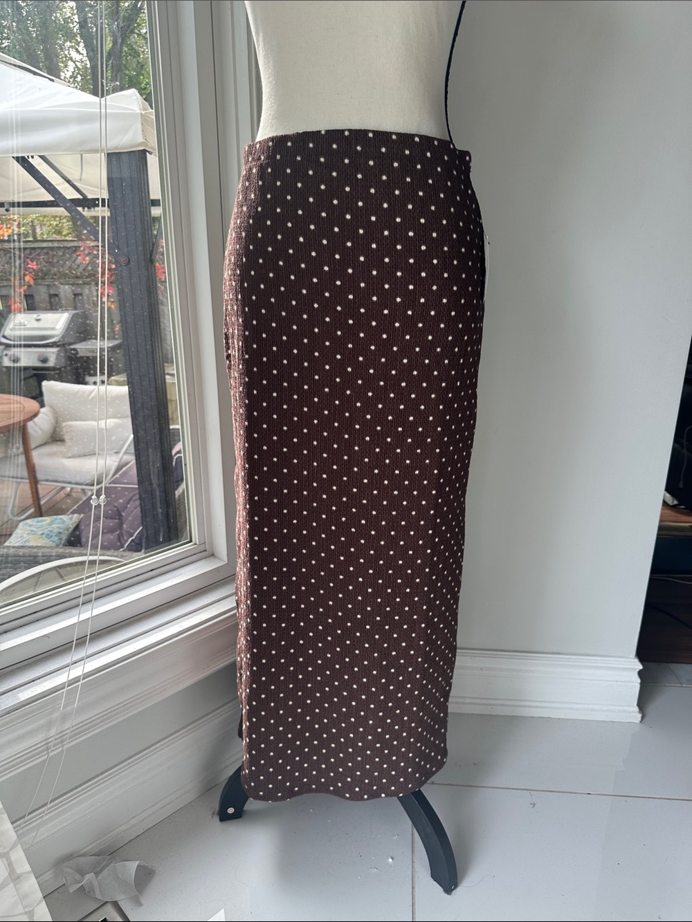 Classic Brown Cream Polka Dot Maxi Skirt Column Sheath Stretch Knit Medium Large